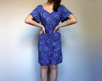 90s Romper Playsuit Women Onesie Floral Jumpsuit Boho Vintage Shorts Summer Jumpsuit Festival Clothing Polka Dot Blue Romper - Large L