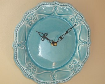Teal Turquoise Plate Wall Clock, 8-1/4 Inch SILENT Ceramic Plate Clock, Kitchen Clock, Unique Wall Clock - 2258