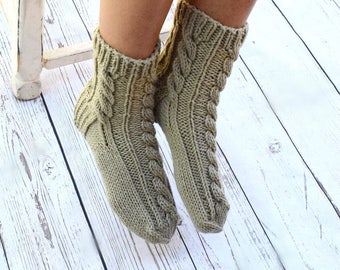 Hand knit socks cable knit socks bed socks light olive khaki neutral color cottage chic womens socks gift for her handmade Mothers Day
