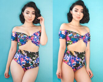 Floral Two Piece Pinup Inspired High Waist Swimsuit XS S M L XL XXL