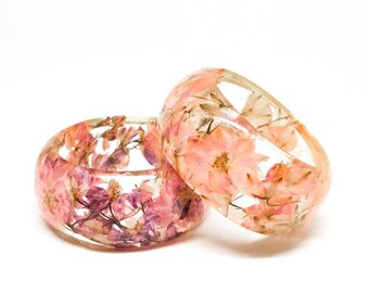 Size Medium Pale Pink Botanical Resin Bangle. Chunky Bangle Bracelet. Pressed Flower Resin Cuff. Real Flowers - Pink Larkspur