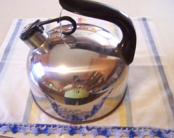 Vintage Revere Ware Tea Kettle, Stainless Steel, Chrome, Copper Bottom, Whistle, Revereware Cookware, 60s-70s