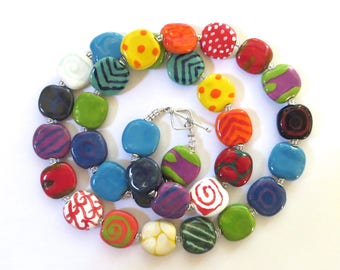 Kazuri Bead Necklace, Rainbow Colored Necklace, Fair Trade Beads, Ceramic Jewelry