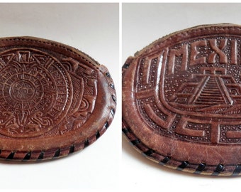 Vintage Leather Coin Purse, Vintage Change Purse, Tooled Leather Wallet, Cowhide Mexico Leather Coin Purse, Zipper Change Leather Purse