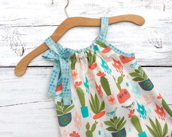 Boho Baby Dress, Girls Cactus Dress, Little Girls Dress, Girls Summer Dress, Girls Sun Dress, 2t Baby Girl Dress, Cotton Girls Dress