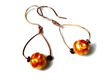 Copper Earrings, Orange Dangle Earrings, Bead Dangle Earrings, Handcrafted Jewelry