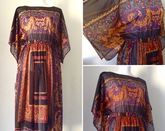 French VTG 1970s black hankerchief cachemire bohemian printed mesh sheer midi / kimono sleeves dress