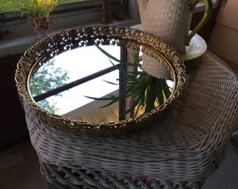 Vintage mirrored dresser tray, Gold mirrored dresser tray