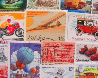 Ready Steady Go 50 Vintage Postage Stamps Transportation Planes Train Automobile Car Blimp Hot Air Balloon Travel US Worldwide Philately