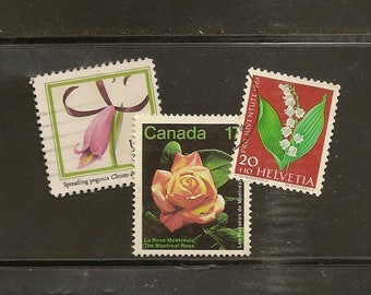 FLOWERS on vintage used postage stamps 39 stamps - perfect for your next craft project or topical collection