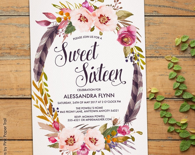 Boho Chic Bohemian Sweet Sixteen Invitation, Spring Summer Floral Boho Wreath Invitation, Printable Birthday Invitation