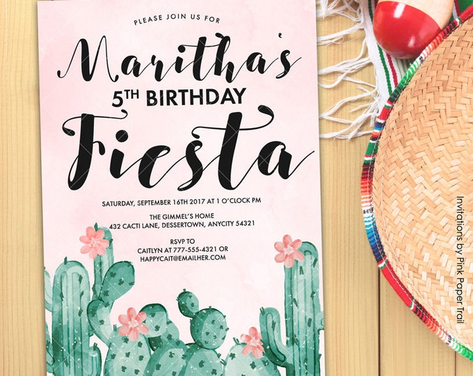 Cactus Cactii Succulents Birthday Fiesta Invitation, Mexican Pink and Green, Boho Chic Printable Birthday Invitation