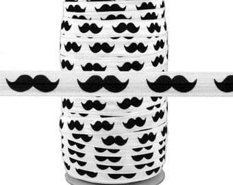 White w/ Black Mustache - 100 Yard Roll - Fold Over Elastic - 5/8" Wide Bulk Wholesale FOE