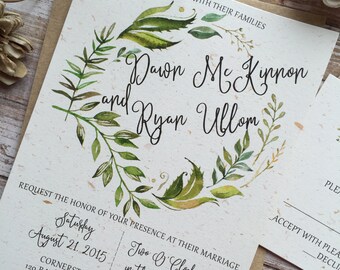 Rustic Wedding Invitation, Leafy Wreath Wedding Invitation, Laurel Wedding Invitation, Kraft Wedding Invitation, Country Wedding