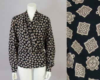 80s Vintage Black and Tan Print Pleated Wrap Blouse (L; 12)