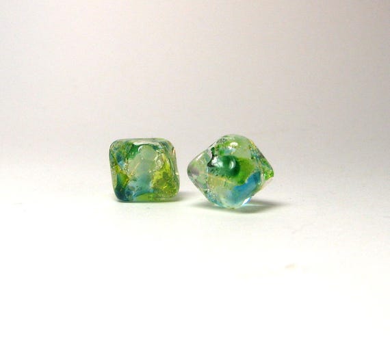 Tiny Greenery Jewels Artisan lampwork bead pair - Small 10mm handcrafted beads in a crystal shape - Italian silver inclusions under glass