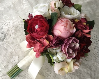 Wedding Bouquet, Bridal Bouquet, Blush & Burgundy Wedding Flowers, Silk Floral Bouquet, Blush and Burgundy Bouquet, Rose Hydrangea Bouquet