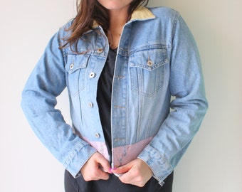 1990s EXPRESS Jean Jacket...size medium womens..tricot. biker chic. blue jean jacket. killer. rad. 80s glam. hippie. urban. 90s. novelty