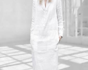White linen dress with sleeves Long shirt dress Linen maxi dress White linen outfit Sheath dress Elegant dress Linen dress shops Plus size
