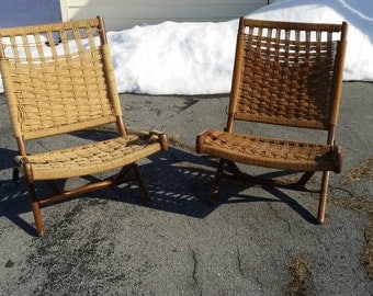 Hans Wegner Style Woven Rope Chairs Mid-Century Danish Modern Folding Loungers