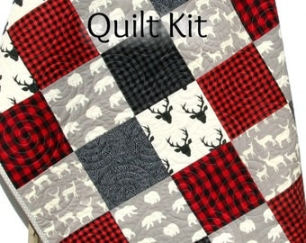 Quilt Kit Buffalo Plaid Rustic Woodland Bedding Crib Blanket Quilting Project Baby Quilt Kit Toddler Kit Patchwork Kit Deer Bear Red Black