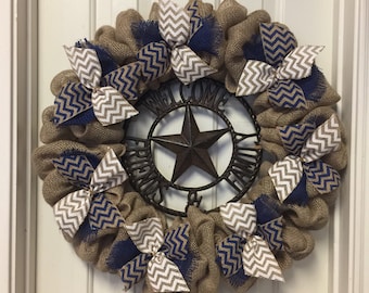 Burlap Wreath Dallas Cowboy Front Door Decor Navy And White Welcome Friends And Family
