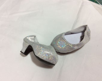 White/silver glitter high heels, doll shoes, fit American Girl, doll clothes