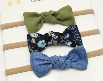 Baby Headbands - Small Knot Bows - Nylon Headbands - Olive Navy Floral Chambray - Knot Bow Baby Clips - Set of Small Bows - Baby Knot Bows