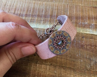 Mandala Bracelet - Pink Leather Cuff Bracelet - Gypsy Bracelet - Pastel Pink Distressed Leather - Mandala Jewelry