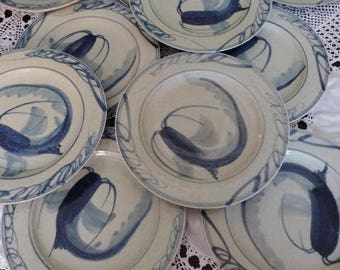 Vintage Koi Fish Plates Asian Pottery Blue Set of 10 Earthenware Hand Painted Stoneware