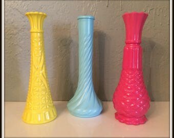 REDUCED Upcycled Milk Glass Vases ~ Set of 3 ~ Vintage Milk Glass ~ Hot Pink~Aqua~Yellow~ Upcycled Vases ~ Painted Vases ~ Living Room Decor