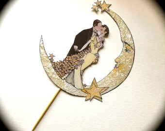 Wedding Cake Topper - Moon and Stars - Art Deco- Bride And Groom - Luminescent Moon