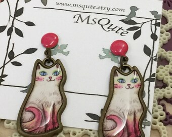 Antique cute earrings - Pink feet cat