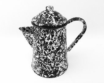 Enamel Coffee Pot - Vintage Enamelware Tea Pot - Splatterware Enamel Coffee Perk - Rustic Farmhouse Kitchen Black and White