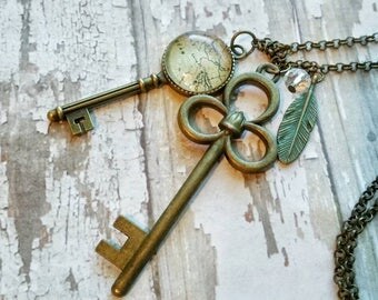 Long vintage key necklace world map necklace for traveler wanderlust jewelry unique statement necklace long distance friendship necklace