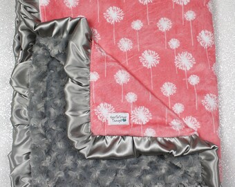 minky blanket, baby girl blanket, baby gift, floral, coral and grey minky, Custom minky blanket, coral blanket, baby girl blanket, dandelion