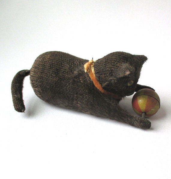 Antique Tin WindUp Cat tin litho toy Cat with Ball wind up