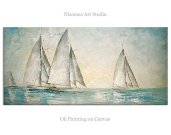 Oil Painting Sailboats by Paula Nizamas ready to hang cool color calming palette