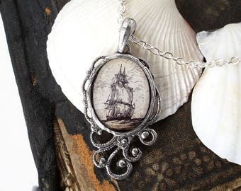 High Seas - Pirate Ship Necklace - Antique Nautical Print Pendant in Silver - Pirate Jewelry
