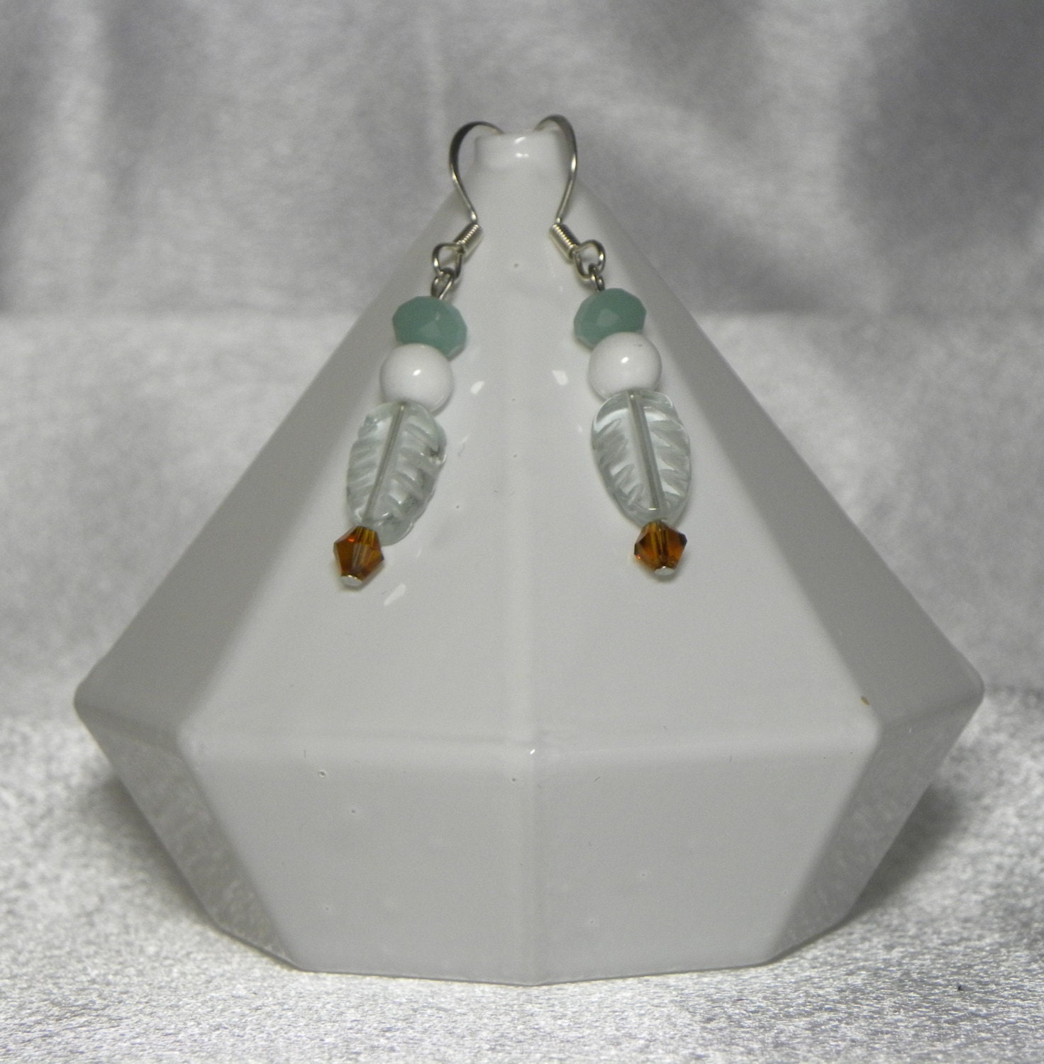Earrings Light Mint Green Leaves with Brown White and Sage