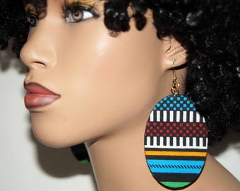 Fabric Covered Wood Earrings- Kente Abstract
