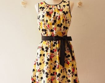 Special Occasion Dress Vintage Sundress Women Mickey Mouse Dress Pale Yellow Gift for Her Yellow Summer Dress Tea Party Dress Disney Dress