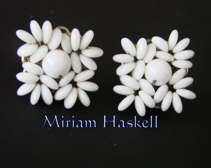 Miriam Haskell Mid Century Milk Glass Cluster Bead Clip Earrings Vintage Jewelry Jewellery