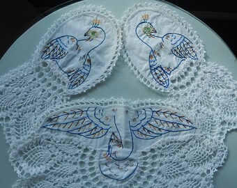 Antique Doilies - Set of Armchair Doilies - Embroidered Doilies - Crocheted Doilies - 3 piece set of Doilies - Vintage Linens