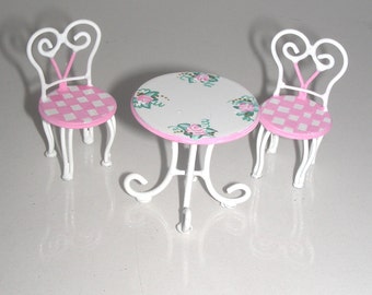 1:24 Half Inch Pink White Patio Set ICE CREAM PARLOR Table & 2 Chairs Dollhouse Miniature Hand-Painted Furniture Cottage Chic