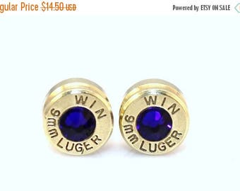 30% OFF SALE Bullet Earrings. September Birthstone . Sapphire . 9mm Luger.