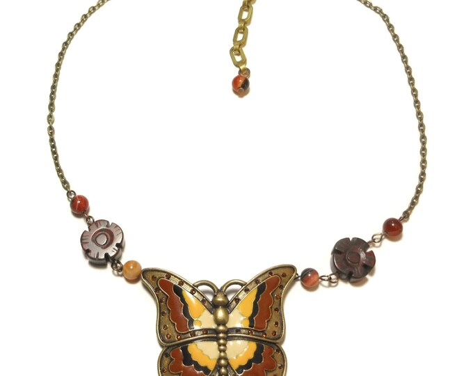 FREE SHIPPING Butterfly necklace handmade, enamel in vintage bronze, semi precious beads of brecciated jasper floral and black red agate