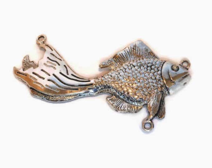 Large fish pendant, Focal, Blue Moon Beads®, antiqued silver-finished "pewter" (zinc-based alloy), 68x38mm fish with 3 loops