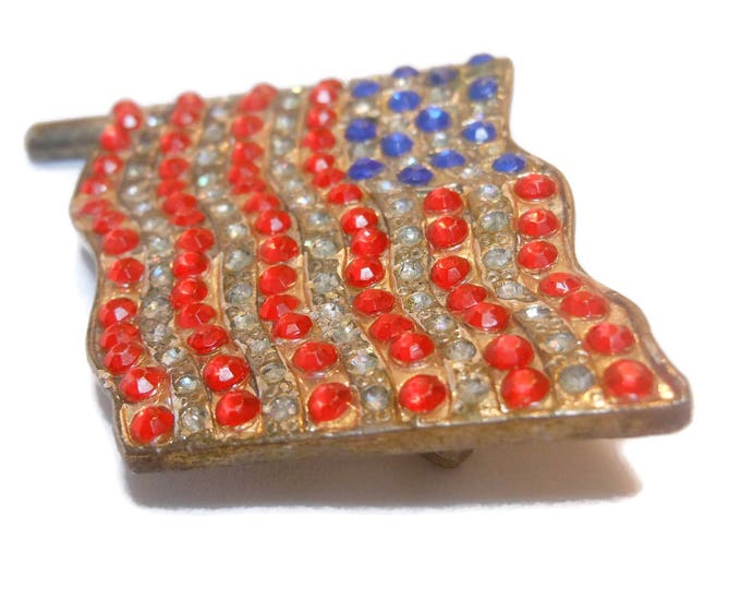 FREE SHIPPING American flag brooch, U.S.A. rhinestone flag pin, silver plated, United States of America, patriotic waving flag, 4th of July