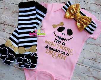Pink Nightmare Dressed Like a Daydream ,Nightmare Before Christmas, Baby Girl pink bodysuit ,shirt with Glitter gold Bow